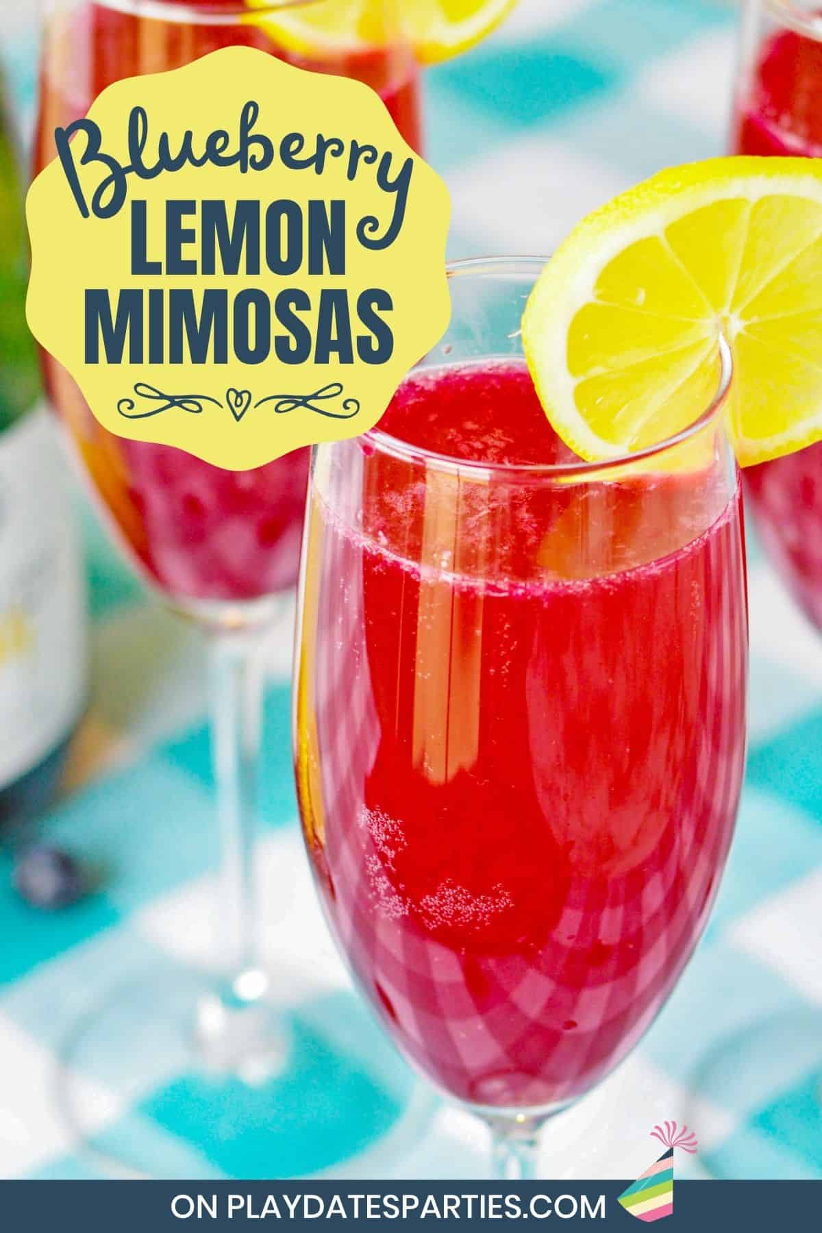 Closeup of a red mimosa with text overlay blueberry lemon mimosas.