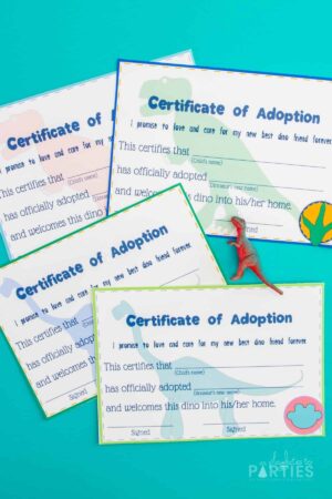 Printable dinosaur adoption certificates for a dinosaur party.