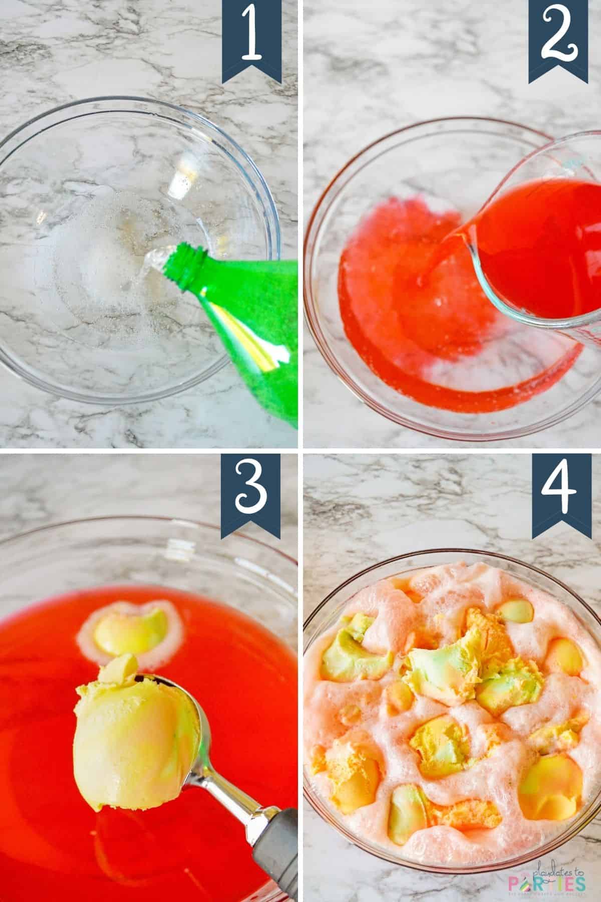 How to make rainbow sherbet punch steps 1 through 4.