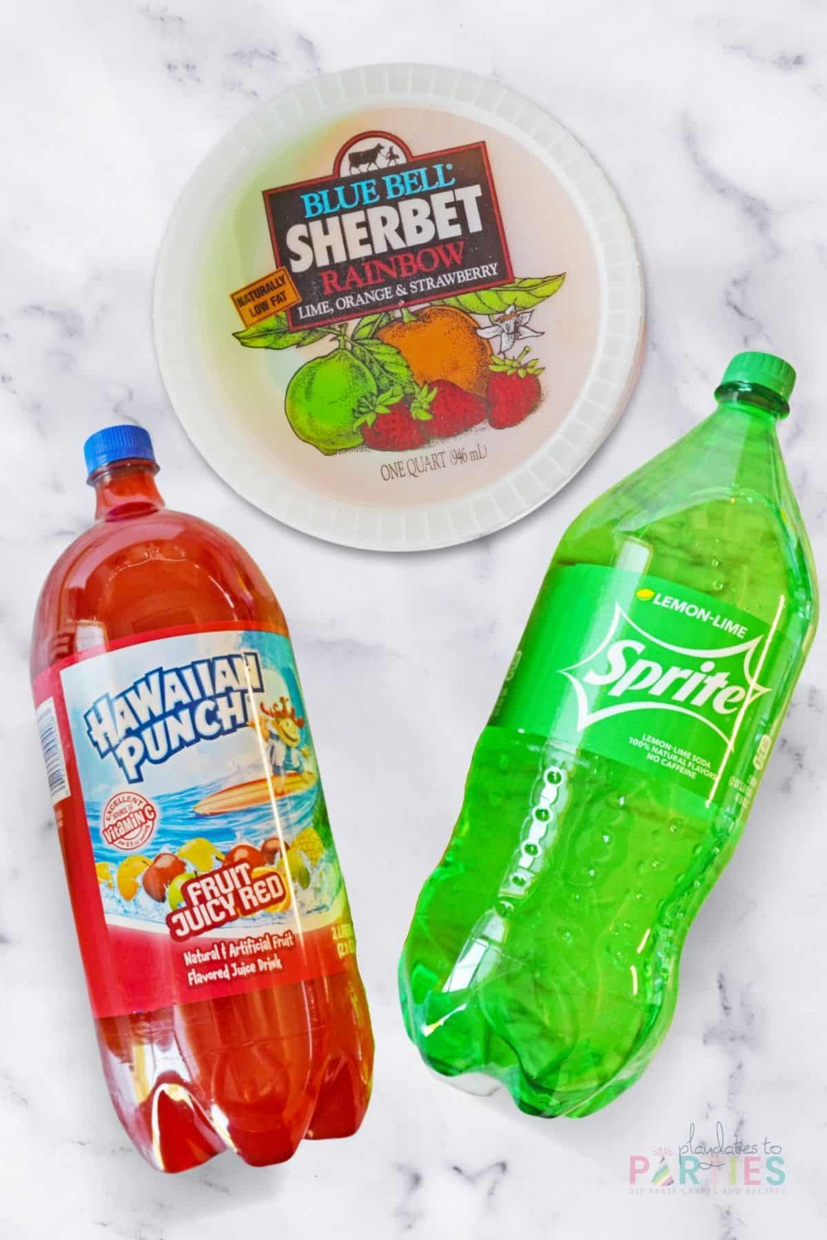 Ingredients for rainbow sherbet punch.