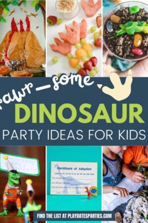 Roar-some Dinosaur party ideas for kids: decorations, fruit skewers, pudding cups, printables, and more.