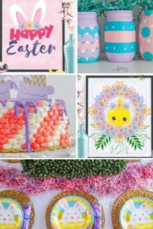 Collage of Easter party ideas: art prints, painted mason jars, jelly bean cake, and bunny themed table setting.