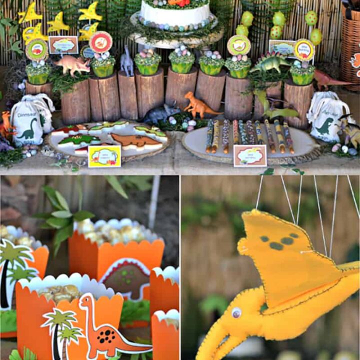 Collage of rustic dinosaur party decorations.