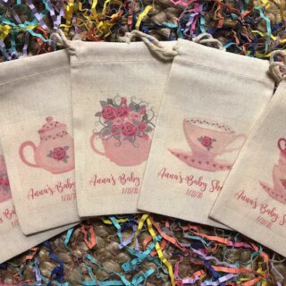 Custom printed muslin bags for tea party baby shower favors.