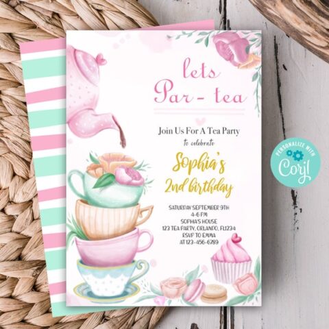 Image for Editable Par-tea Tea Birthday Tea Party Invitation