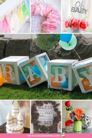 Collage of baby shower decorations including garlands, baby blocks, diaper cakes, and more.