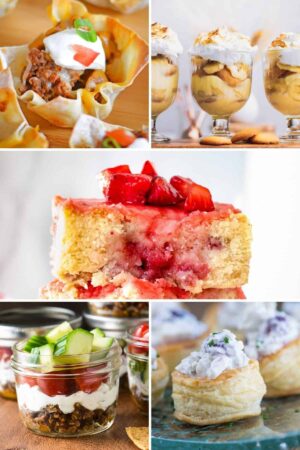 Collage of snacks and desserts for a party.