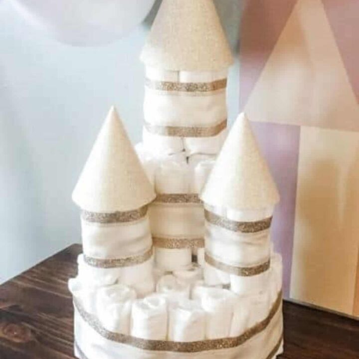 A diaper cake shaped to look like a castle.
