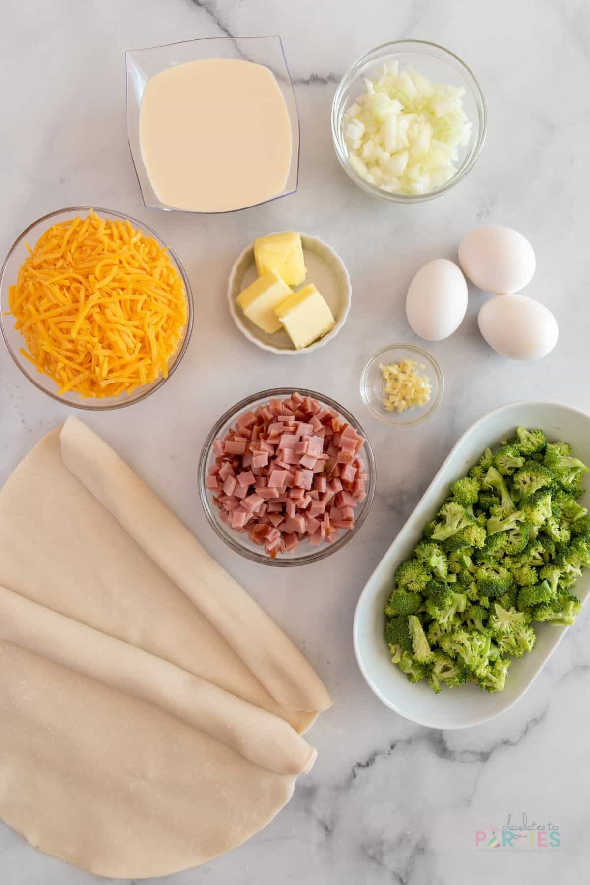 Ingredients for ham and broccoli quiche.