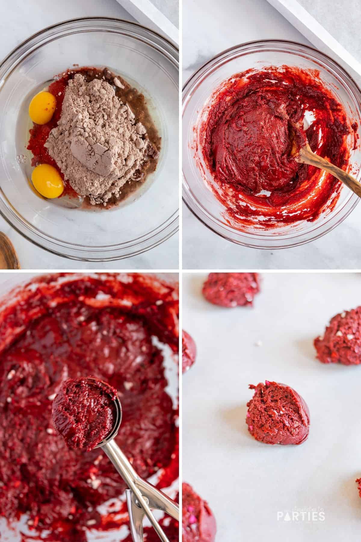 How to Make Red Velvet Cookie Sandwiches Steps 1-4.