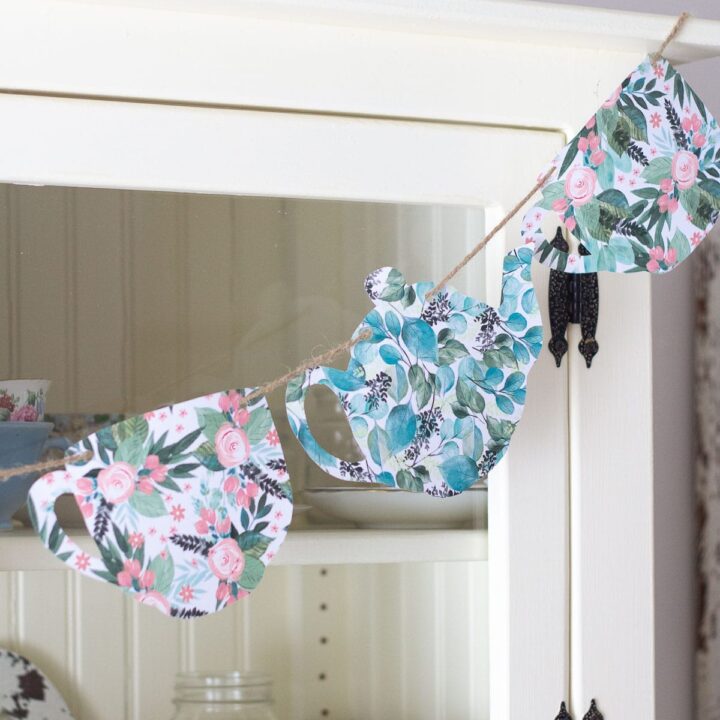 A paper teapot garland decoration for a tea party.