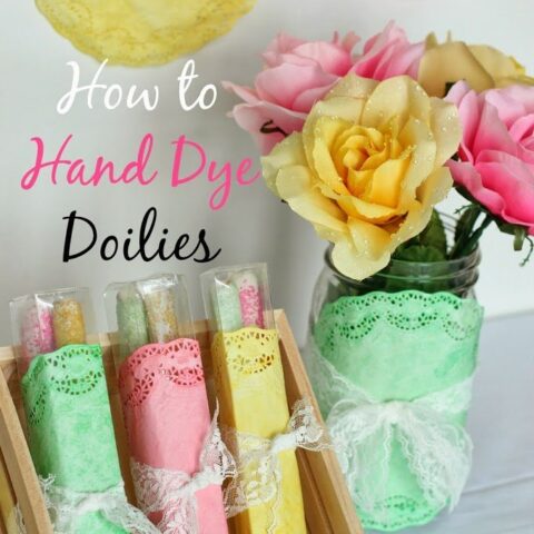 Baby shower decorations made with dyed paper doilies.