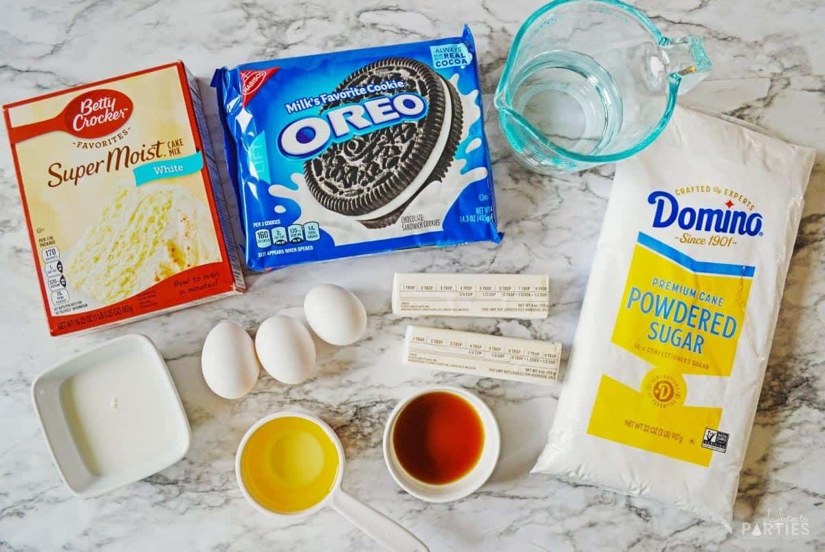 Ingredients for Oreo Cupcakes with Cookies and Cream Frosting.