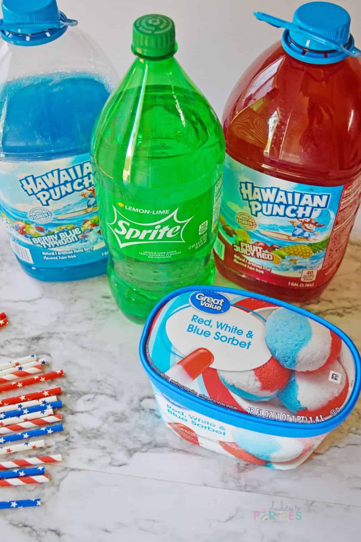Ingredients for red white and blue punch.