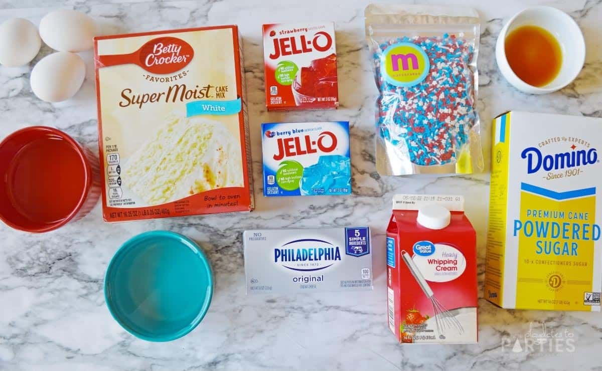 Ingredients for Red White and Blue July 4th Poke Cake.