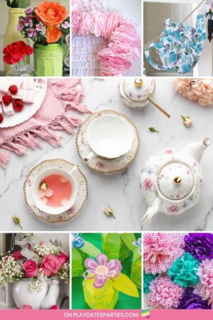 A collage of tea party decor and a tea party setup in the center.