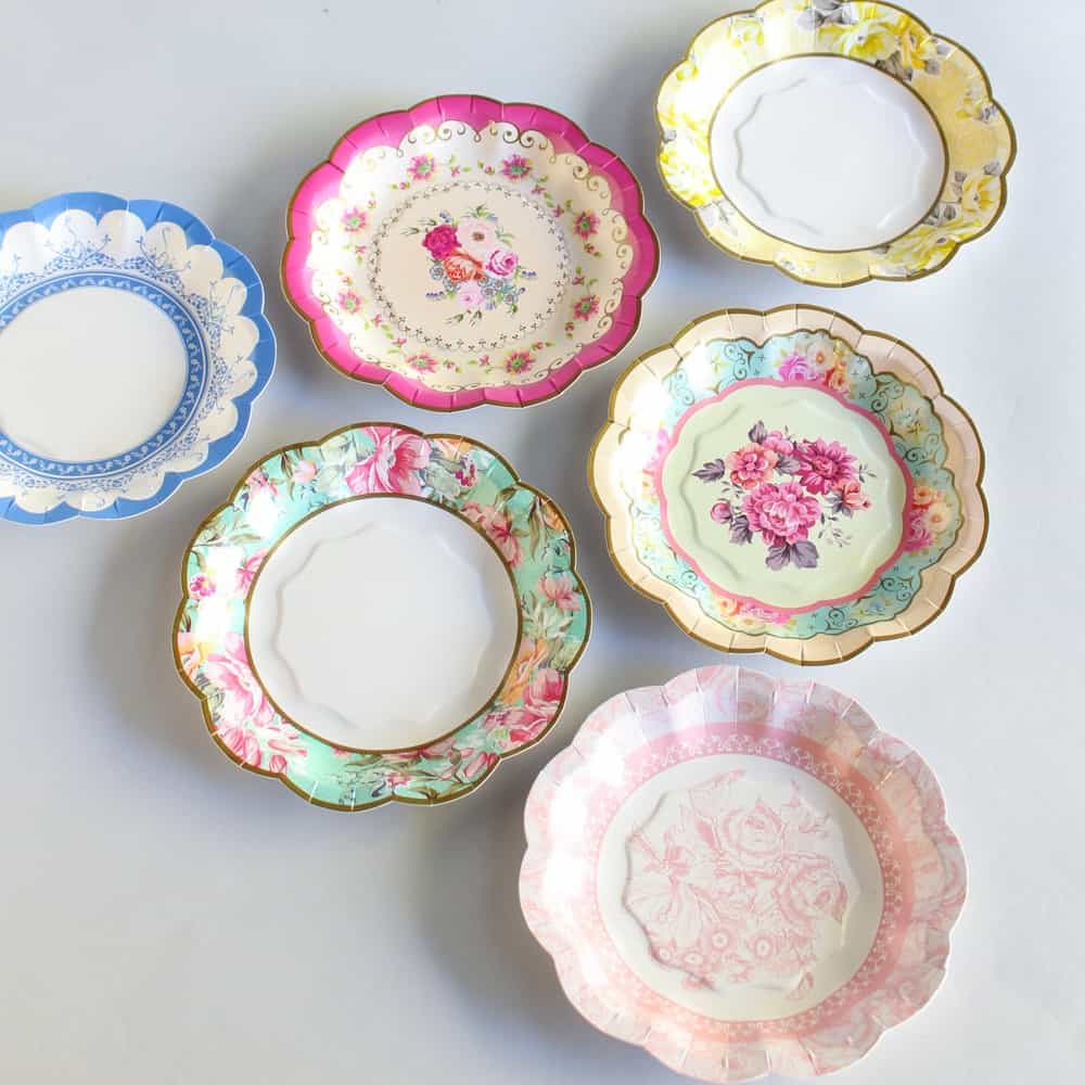 Disposable paper plates with a vintage floral style.