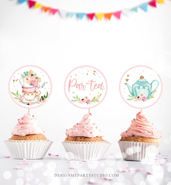 48-Piece Tea Party Cupcake Toppers - Floral Tea Time Decorations For Birthday Baby Shower
