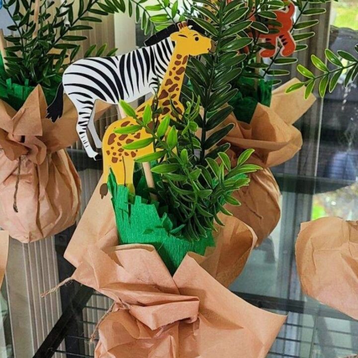 A safari themed baby shower centerpiece.
