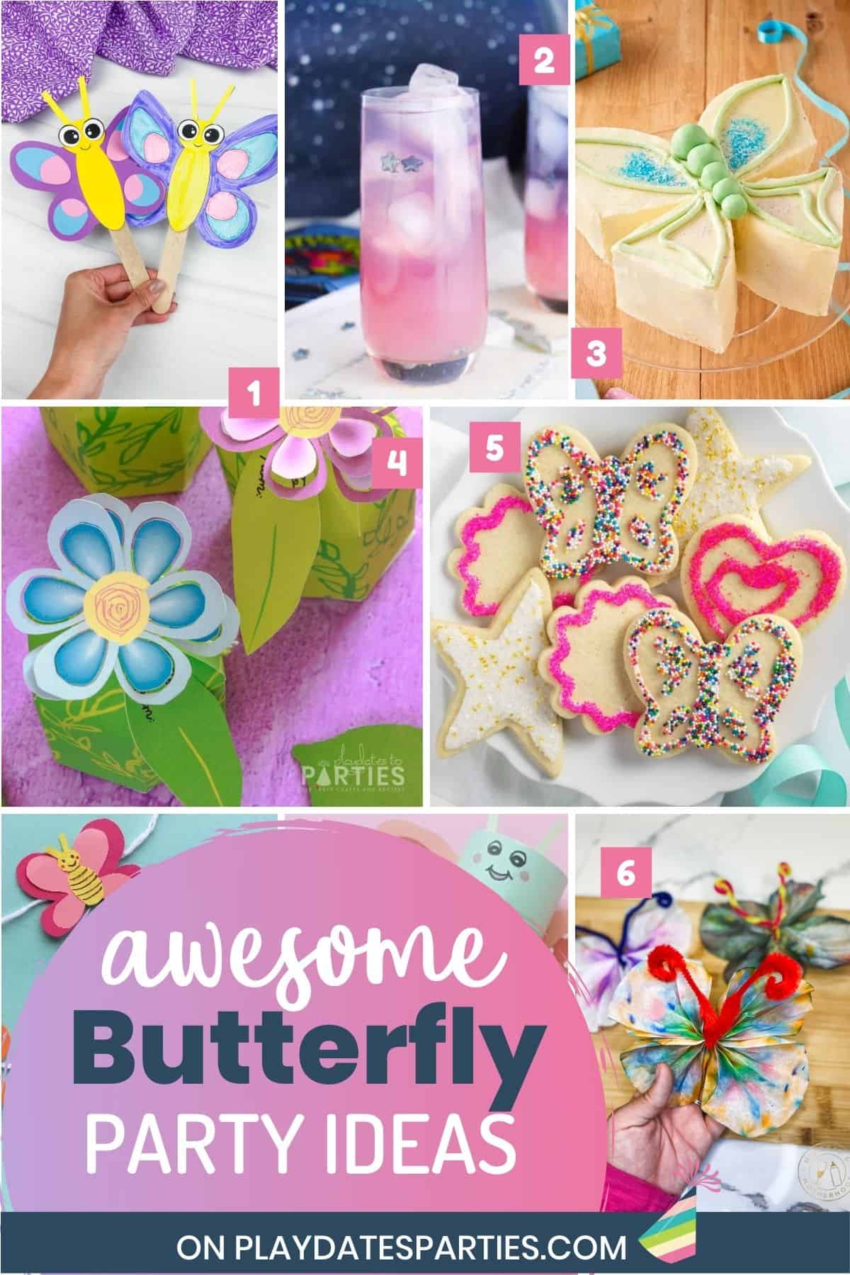 A collage of food, decorations, and crafts with text overlay awesome butterfly party ideas.