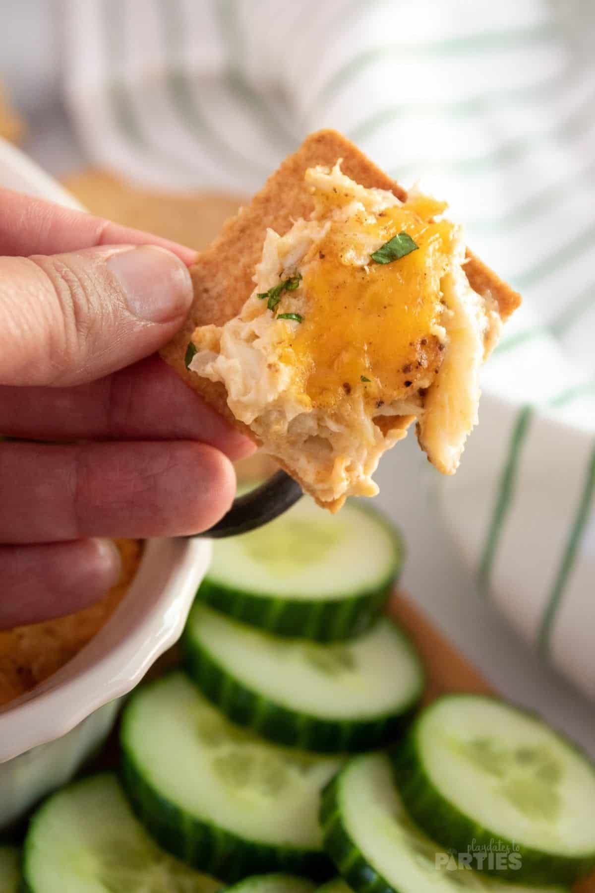 A woman's hand holding a cracker loaded with dip.