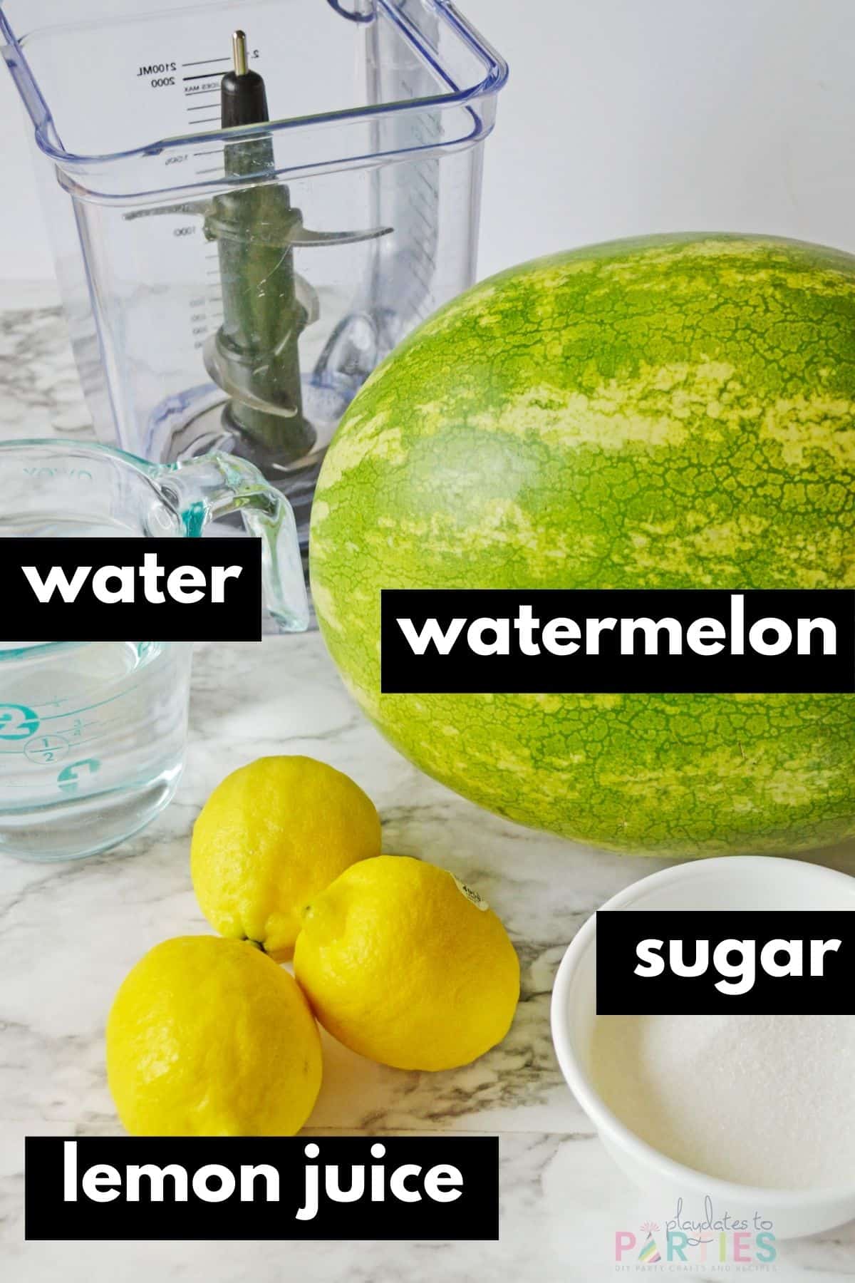 Ingredients on a marble counter, including watermelon, water, sugar, and lemon juice.