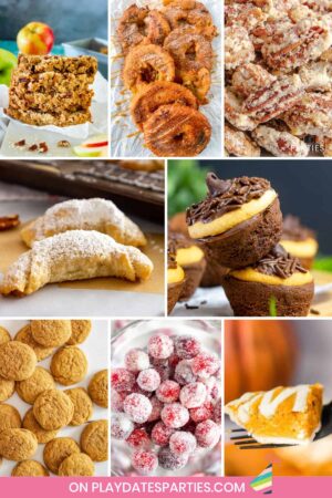 Collage of recipes for fall desserts including apple recipes, pecans, acorn brownies, pumpkin pie, and candied cranberries.