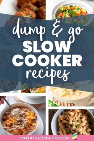 Collage of dinner ideas with text dump and go slow cooker recipes.