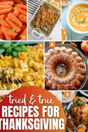 A collage of 8 recipes with text overlay tried and true recipes for Thanksgiving.