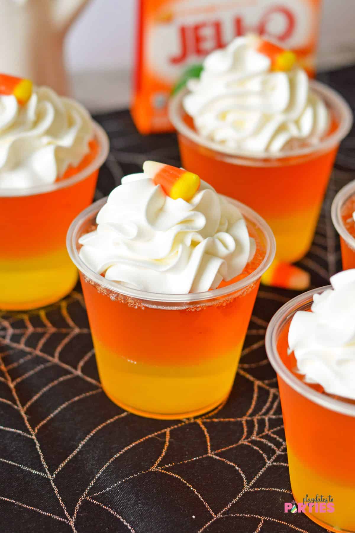 Candy corn jello cups Halloween treats for kids.