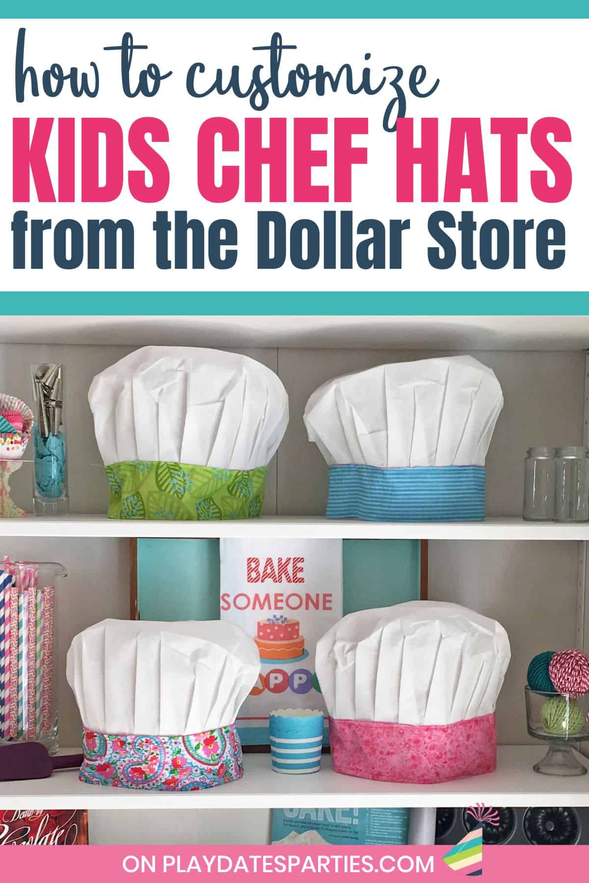 Dollar store chef hats customized with a variety of fabric bands.