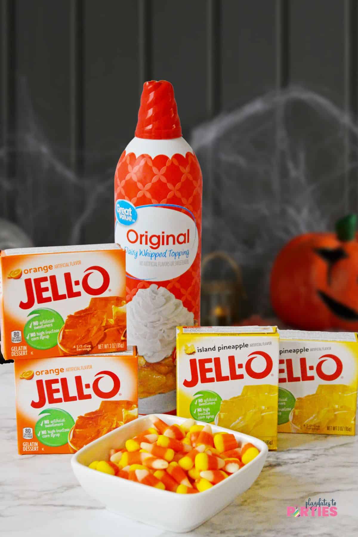 Ingredients for Candy Corn Jello Cups.