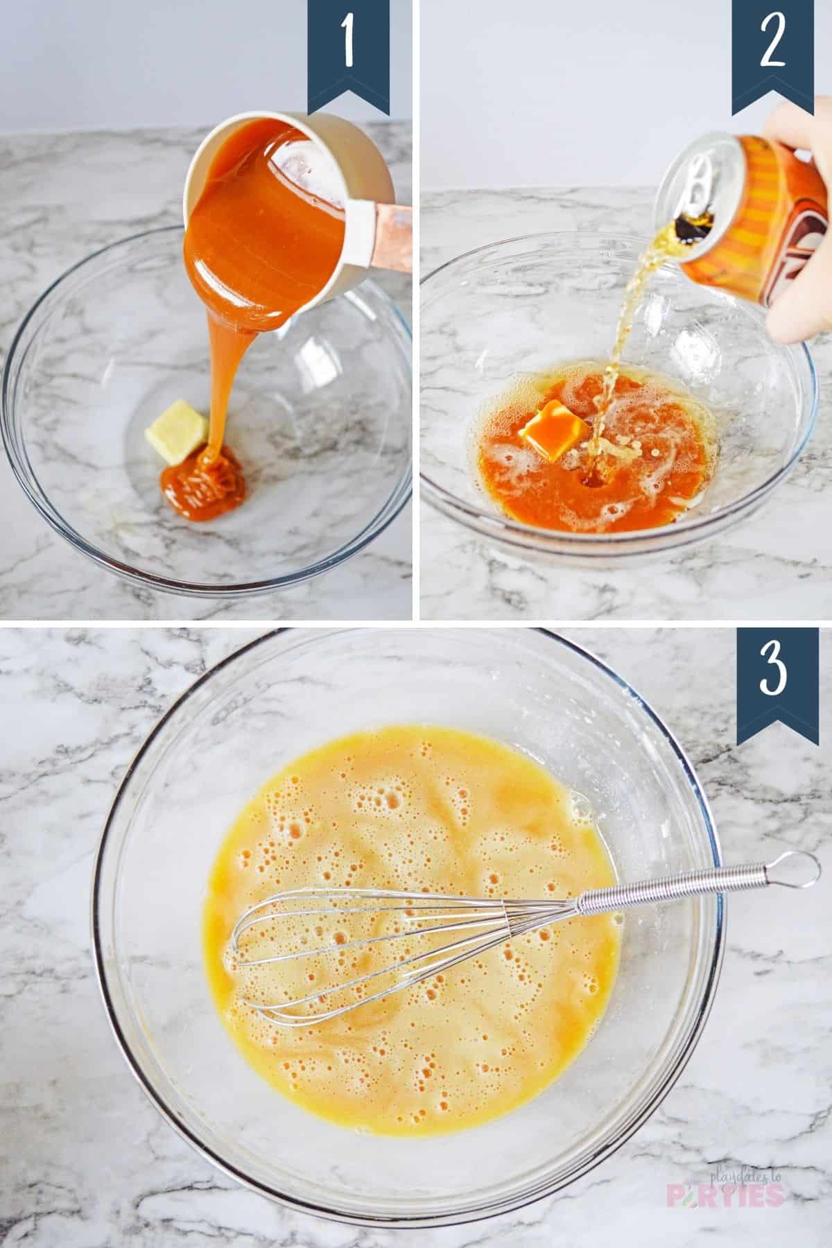 Collage of photos showing recipe for Butterbeer Steps 1-3.
