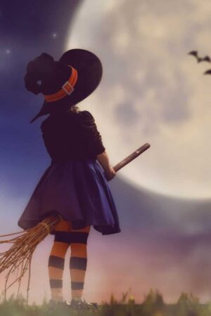 A witch on a broomstick staring at a large moon.
