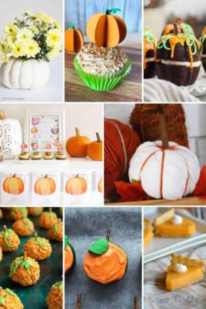 Collage of pumpkin themed party food and decorations.