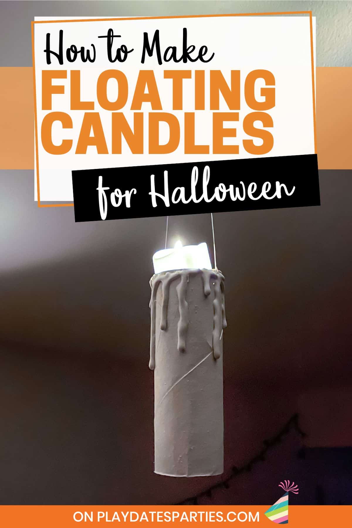 A fake candle glows in a dark room with text overlay how to make floating candles for Halloween.