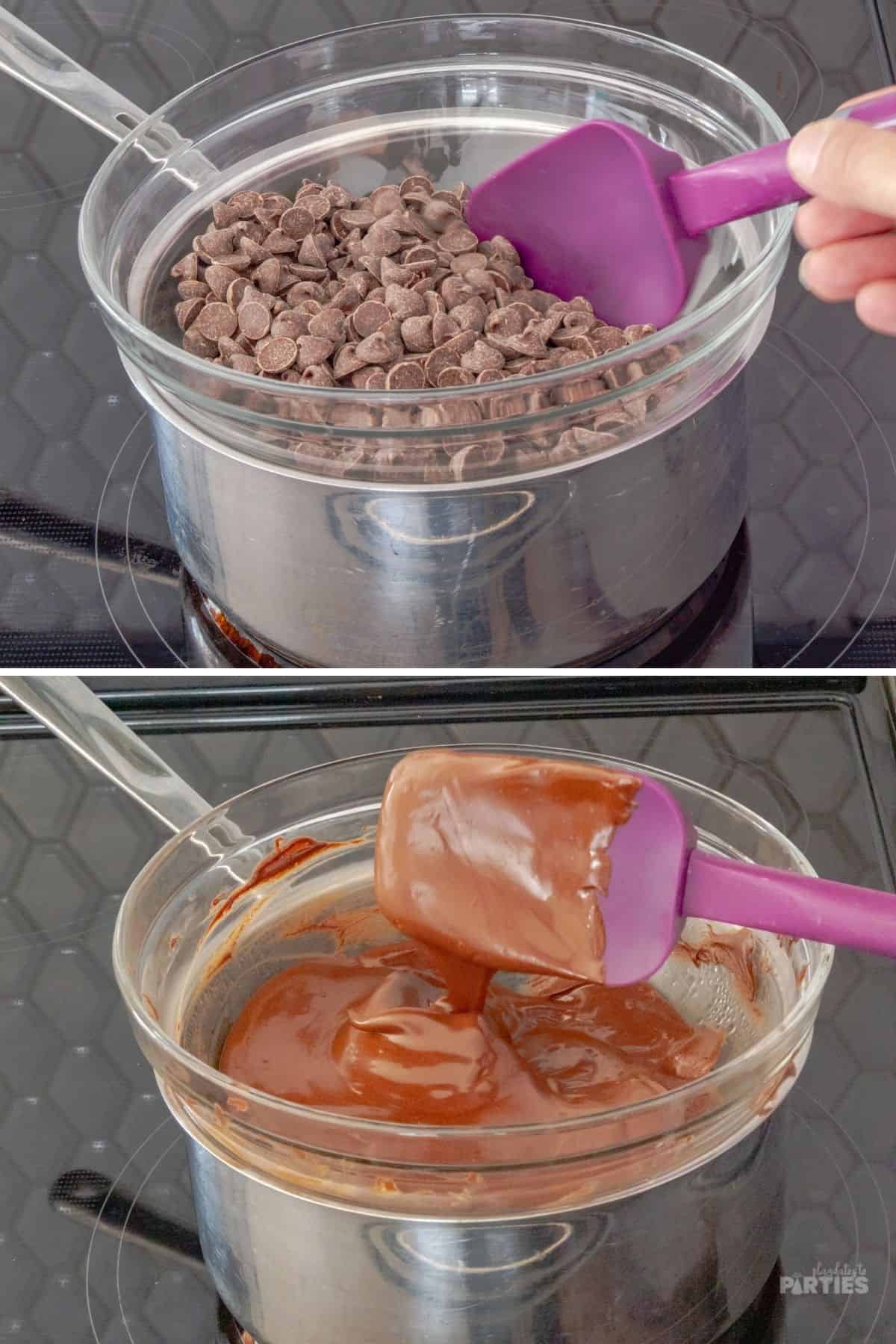 A DIY double boiler with semi sweet chocolate chips before and after melting.