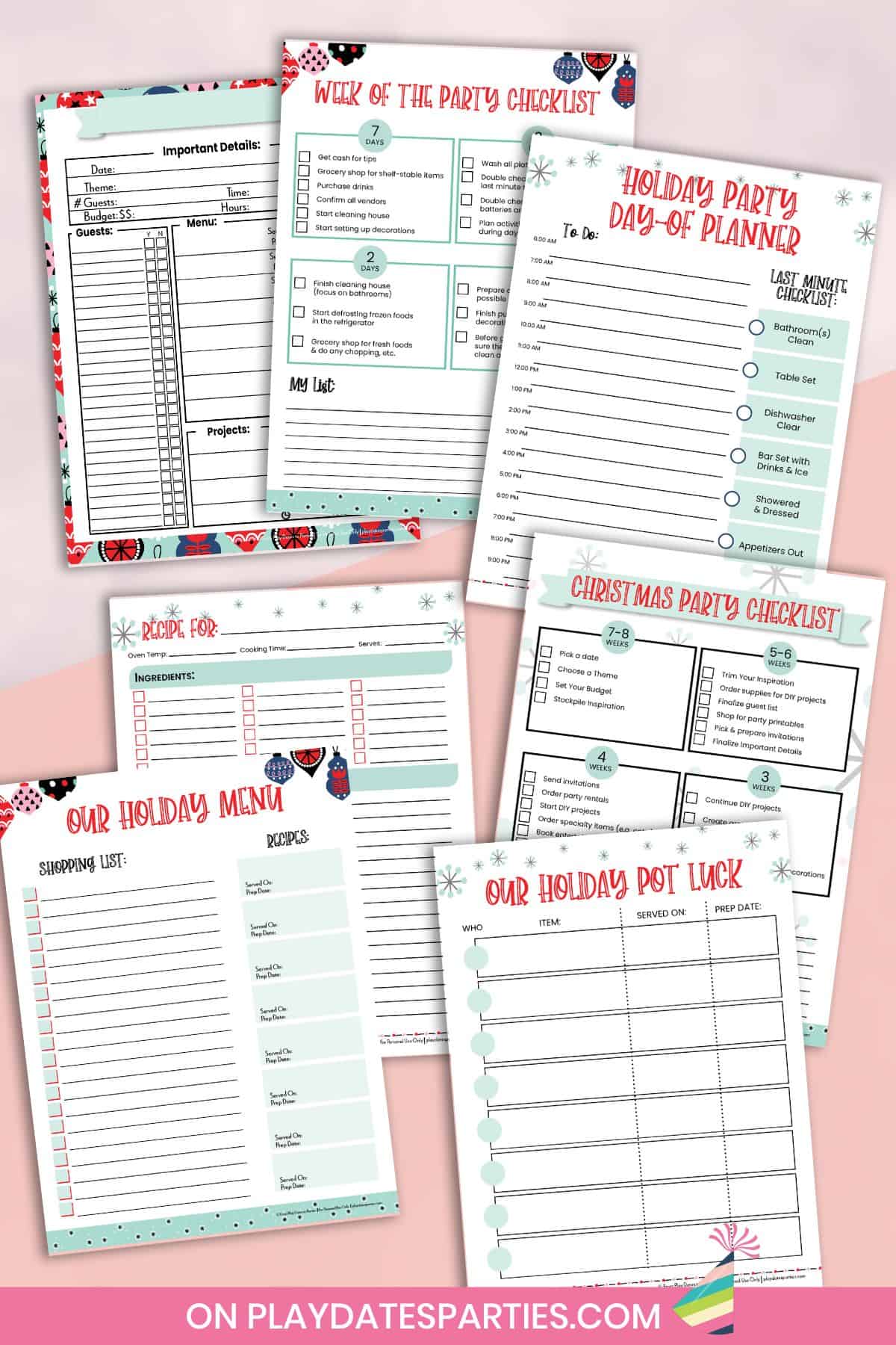 7 Christmas party planner pages on a pink background.