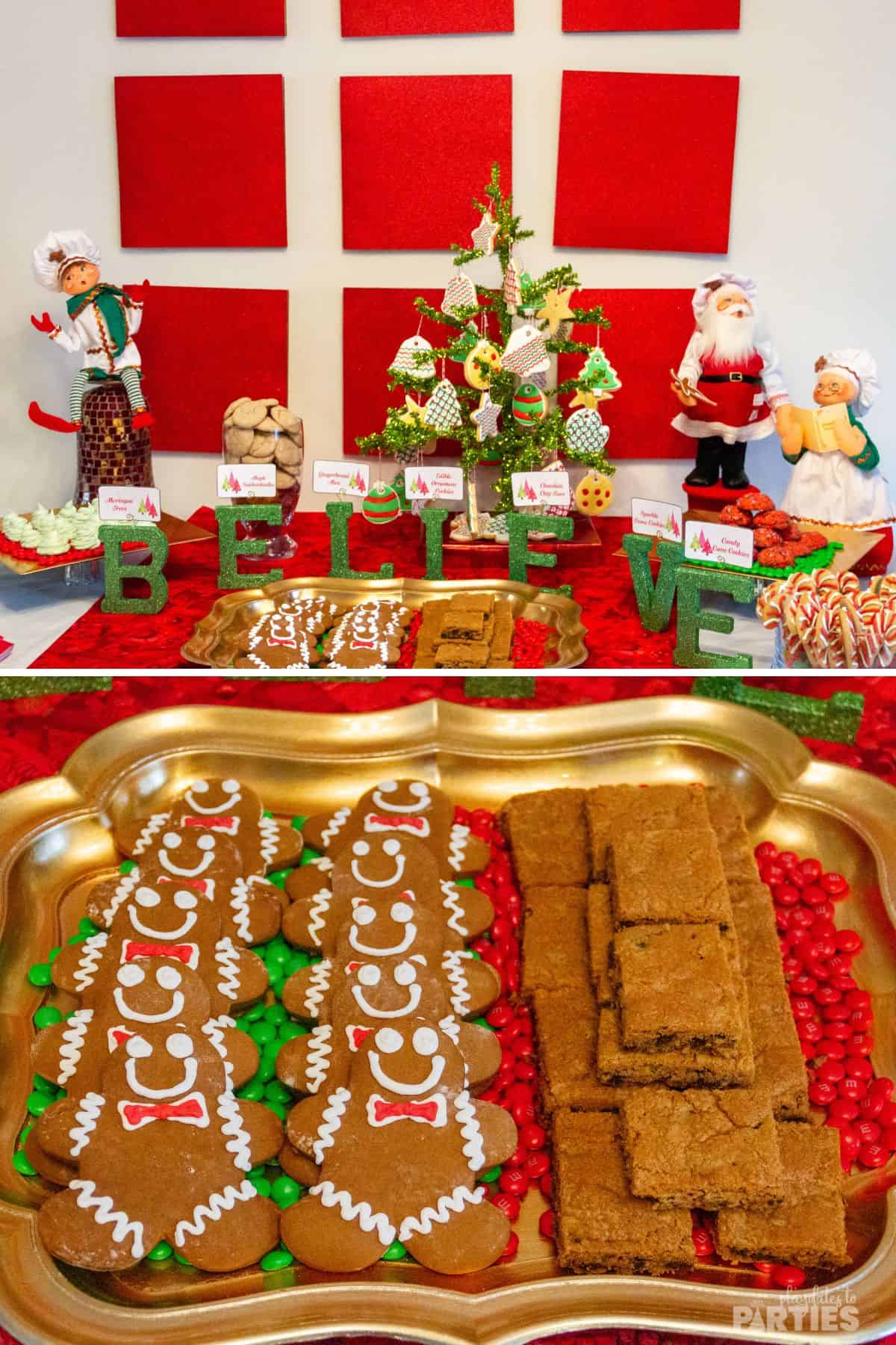 Christmas cookies set up on a party dessert table.