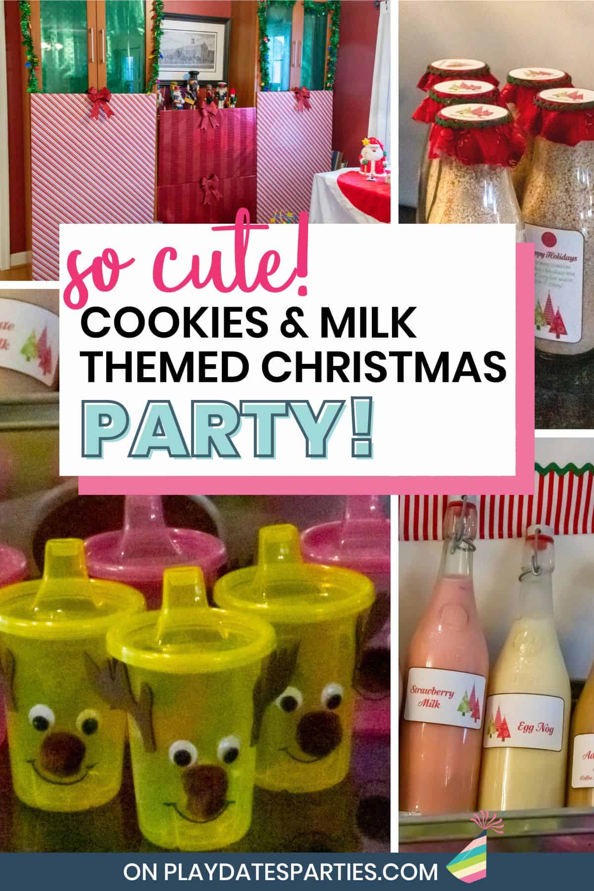 Collage of party photos with text so cute cookies and milk themed Christmas party!