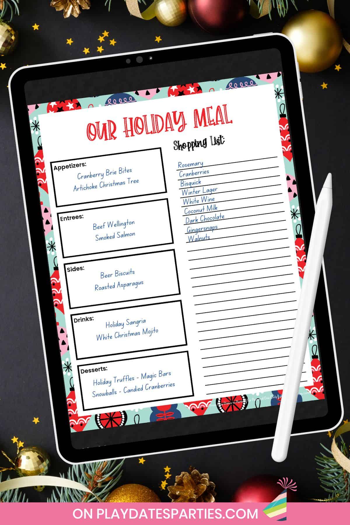 Filling out a Christmas Meal Planner on iPad.