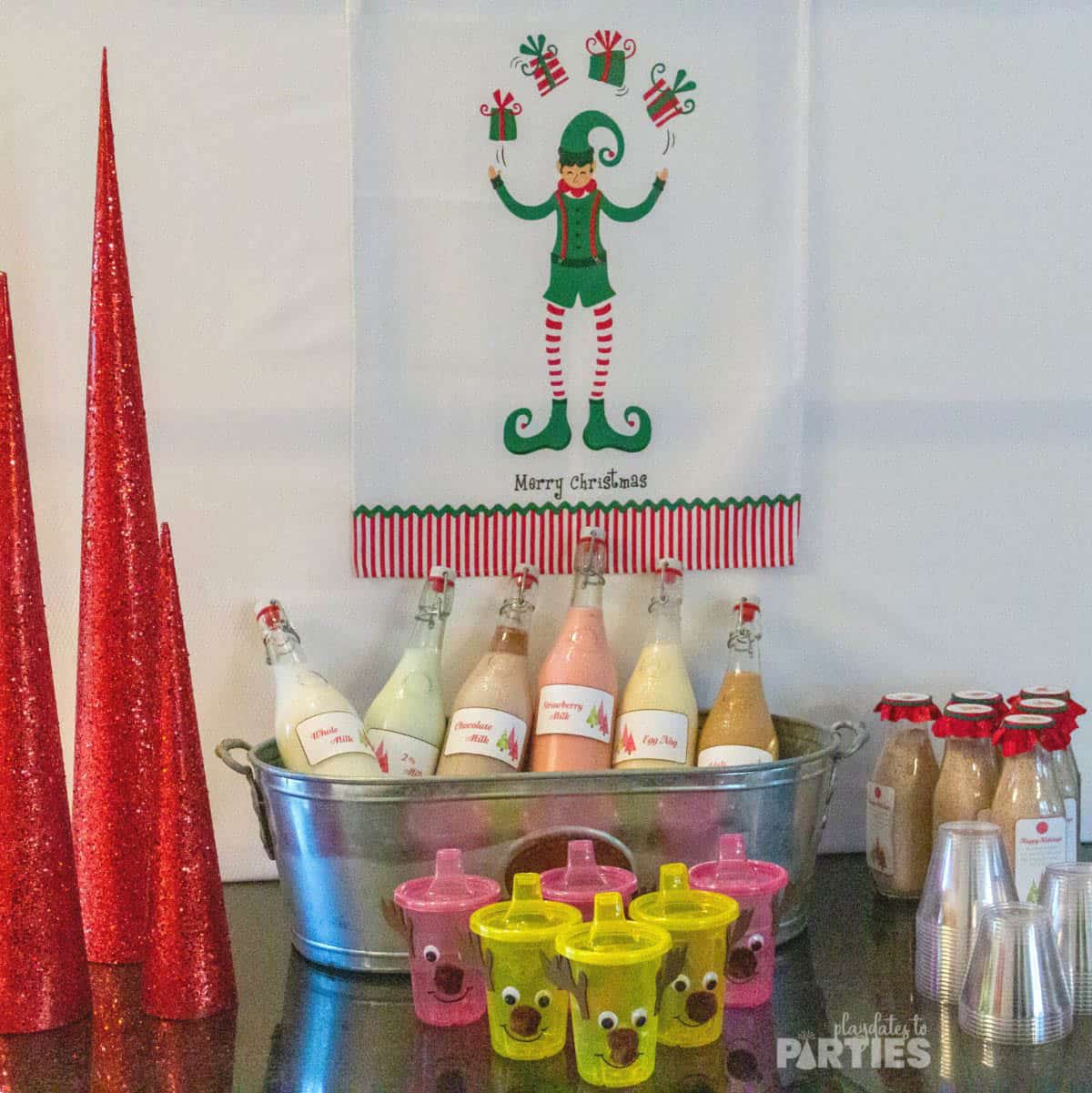 Flavored milk buffet for a toddler Christmas party.