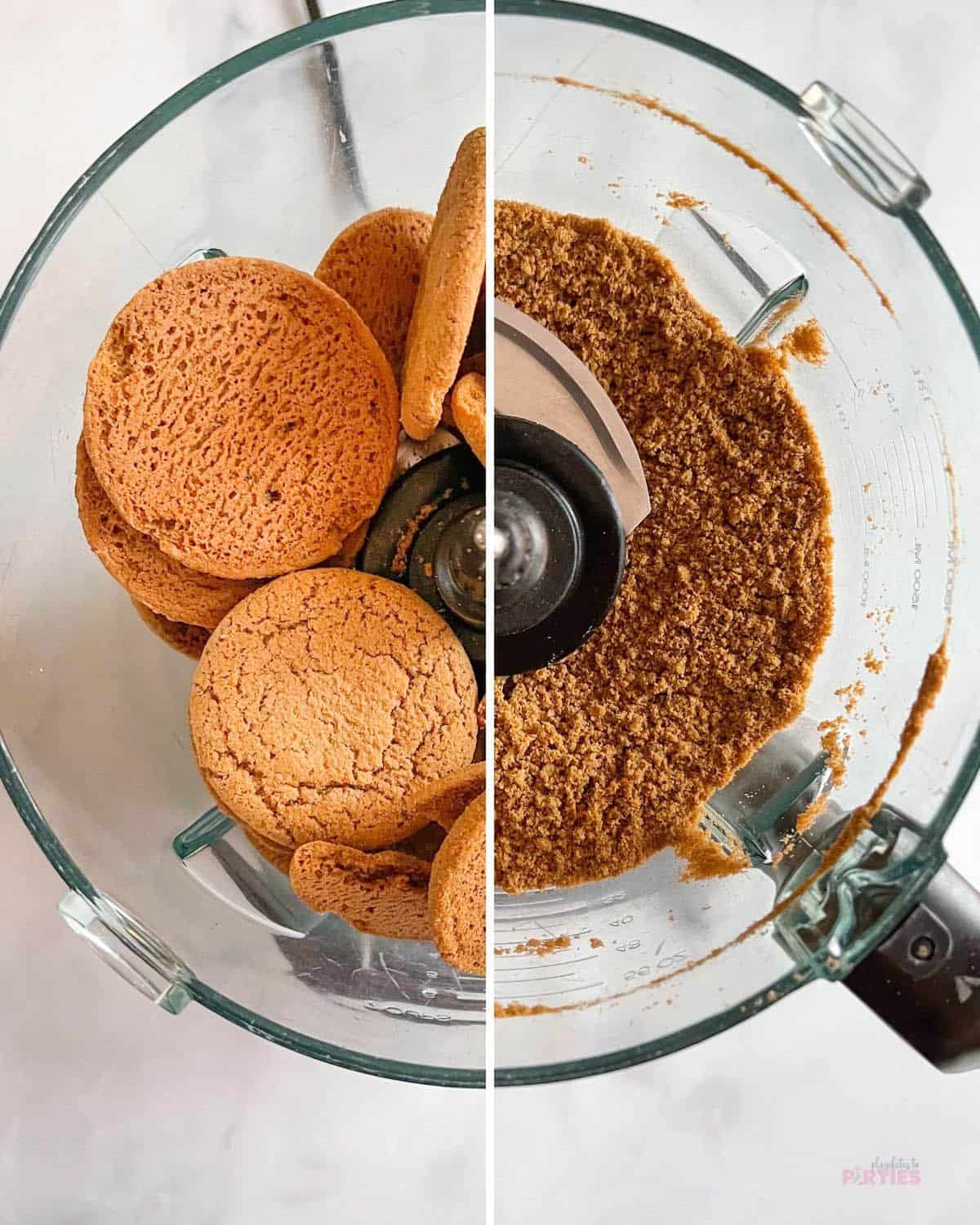 Collage showing a food processor bowl with gingersnap cookies on the left and after the cookies are ground on the right.