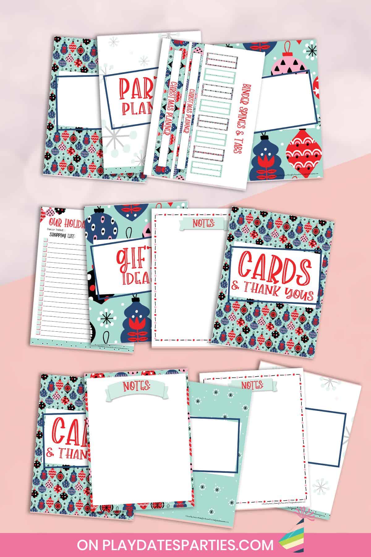 Printable holiday planner divider pages, notes pages, and binder spines.