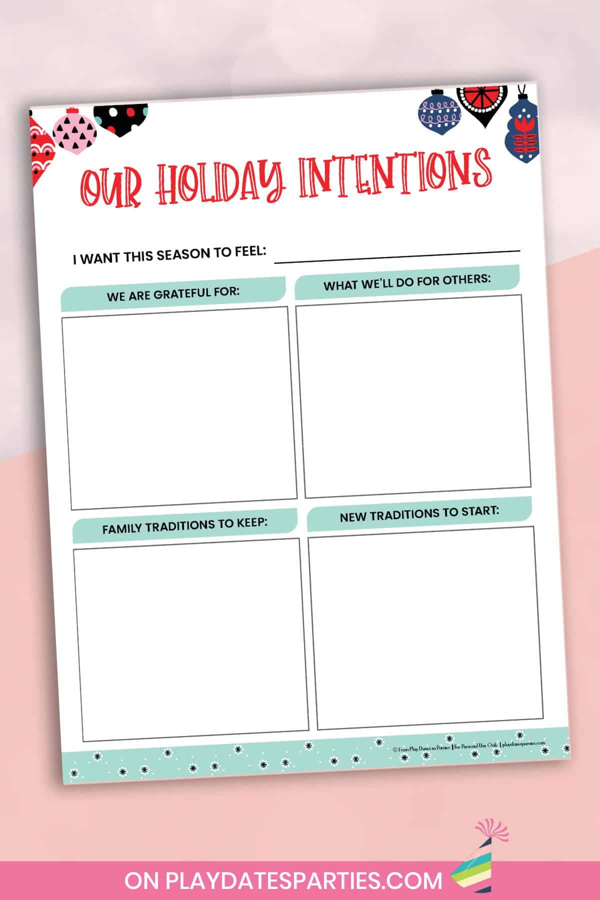 Printable holiday intentions guide on a pink background.