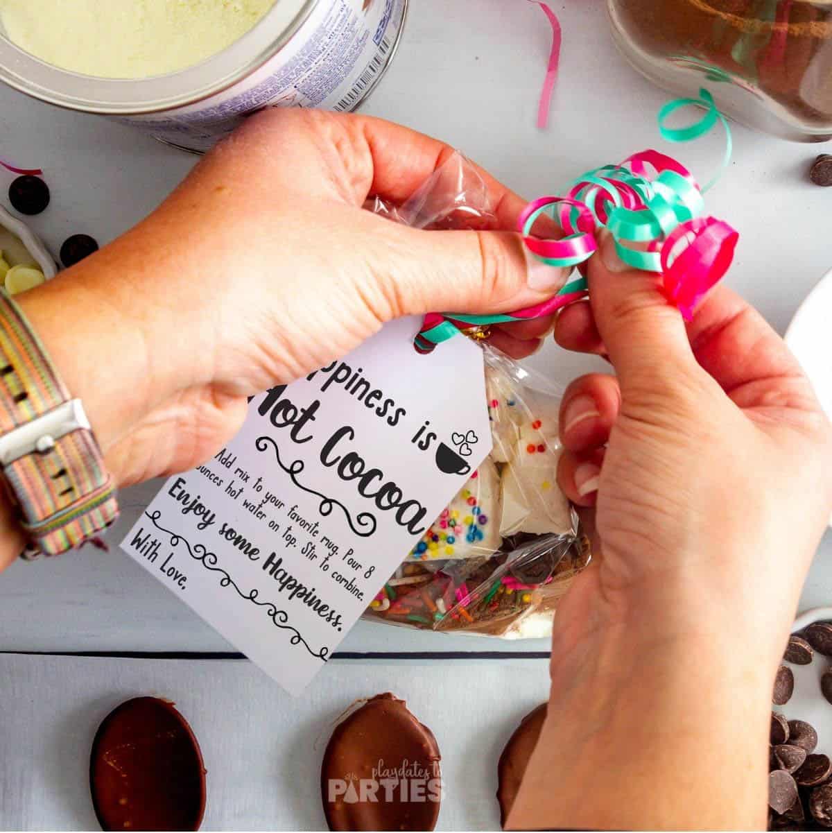 Adding a printable hot cocoa tag to a hot chocolate gift bag.