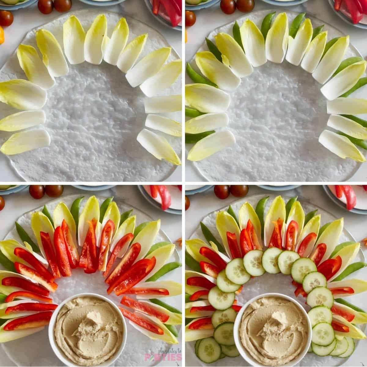 Arranging endive, snap peas, bell pepper, and cucumber into a turkey.