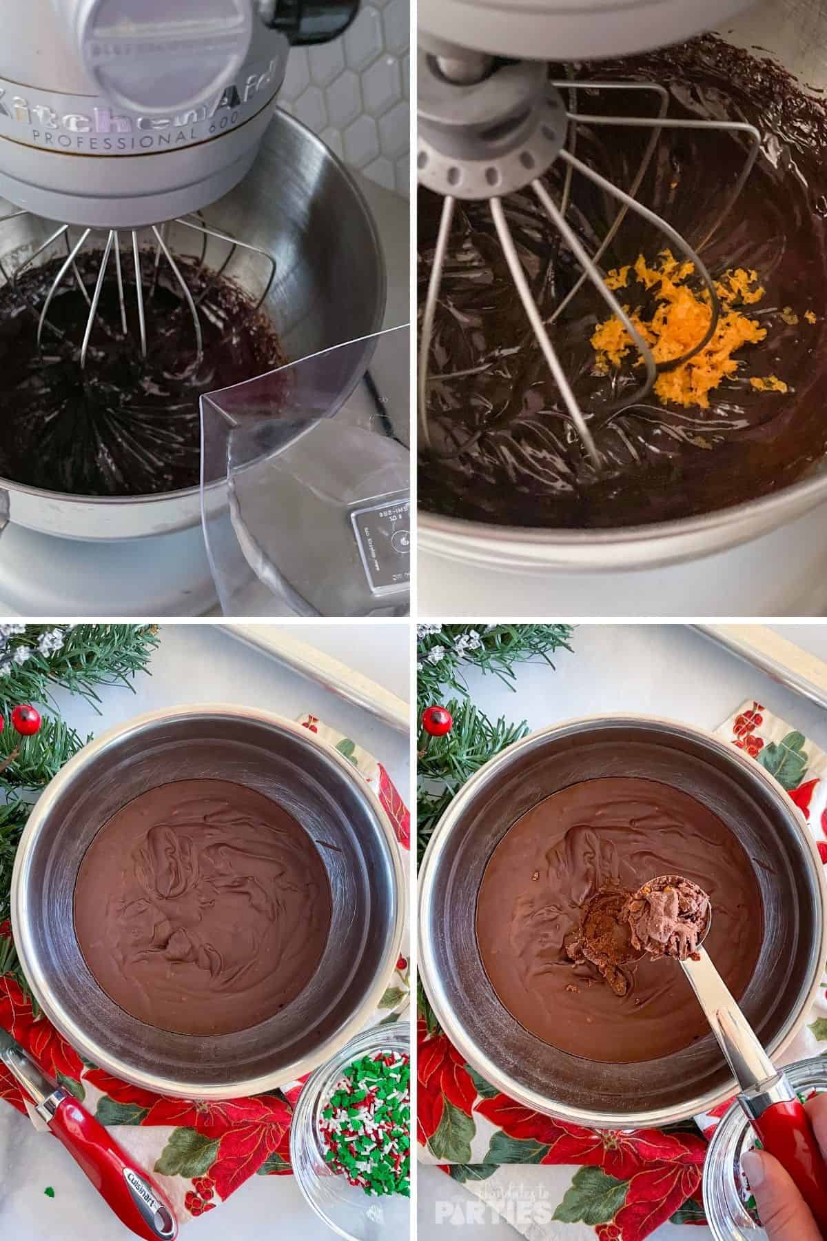 Adding citrus and liquor to ganache, and then scooping and rolling it to make truffles.