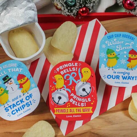 Pringles snack cup toppers for Christmas party favors.