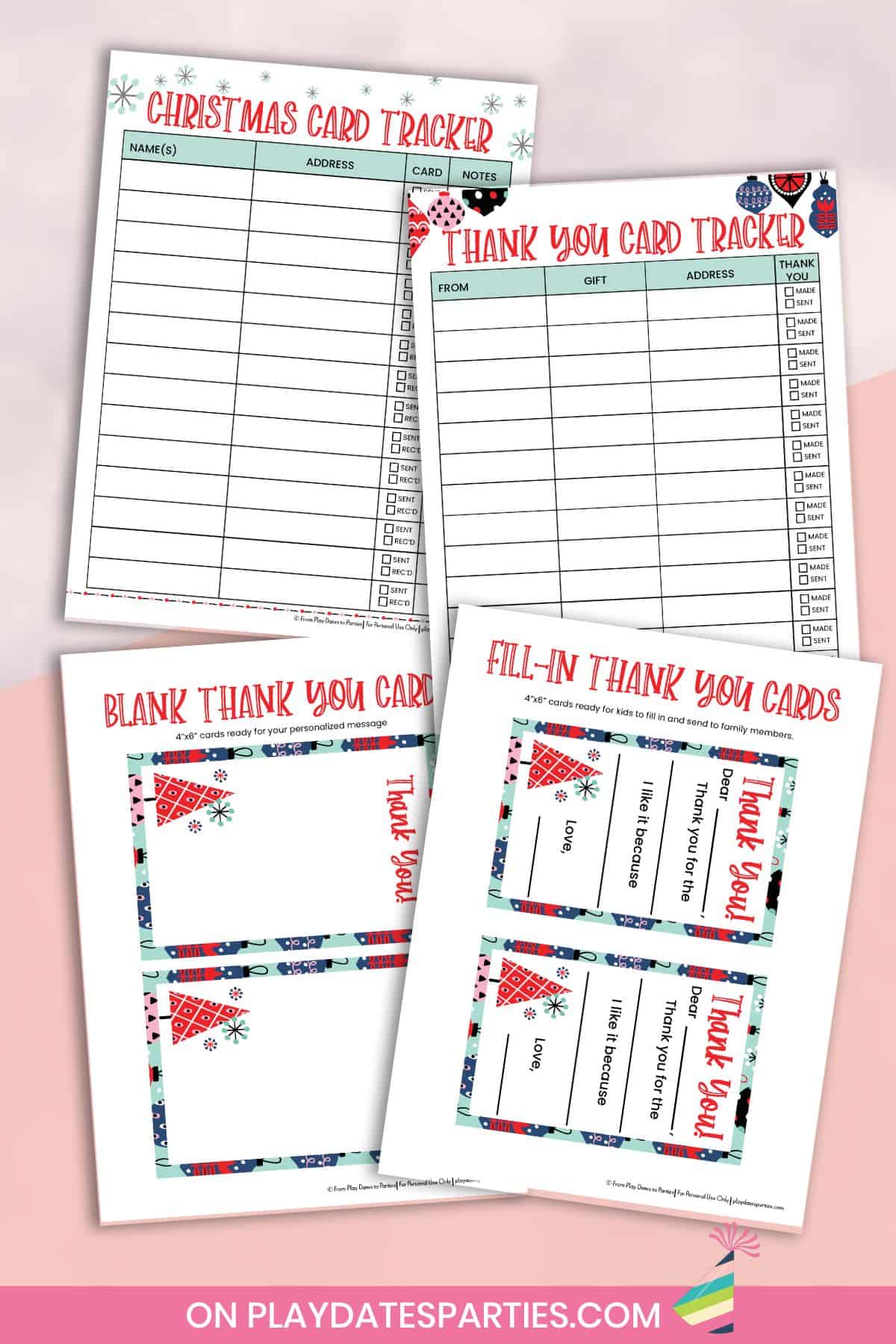 Printable Christmas card tracker, thank you card tracker and thank you cards.